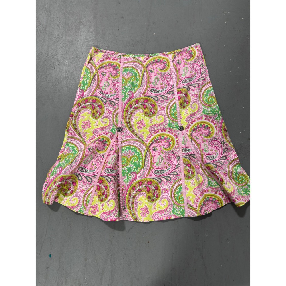 Ninety Pink Green Paisley A-Line Skirt Size 16 Satin Trim Beaded Floral Detail